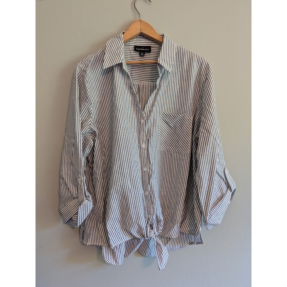 Fortune + Ivy Striped‎ Tie Front Button Down Shirt XXL Nautical Preppy Roll Tab